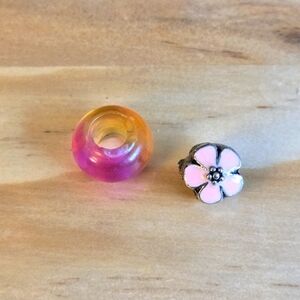 Charm Bracelet Beads Silvertone Pink Enamel Spacer Orange Tie-Dye Glass